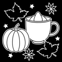 Autumn composition Pumpkin Spice Latte maple leaves and pumpkins on black background creative flat lay top view copy space Seasonal autumn concept with coffee drink . vector