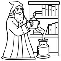 Old wizard inside a library creating a magic potion inside a glass recipient with a spell. Witchcraft and fantasy concept. vector