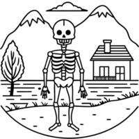 Image of skeleton standing in front of lake with house in the background. . vector