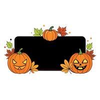 Happy halloween flat lay mockup with pumpkins and leaves on black background. Autumn holiday concept composition. Top view with copy space. . vector
