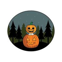 Halloween full moon in creepy pumpkin head jack lantern with full moon in scary deep night dark forest background 3d render. vector