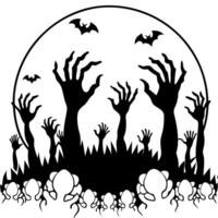 Halloween night background of many scary and creepy zombie hands rising from the shadows by . vector