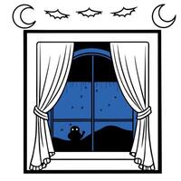 Halloween night eerie window with blue curtain empty space for copy. silhouette concept vector