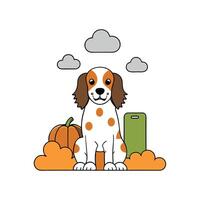Full-length portrait photography of a funny english springer spaniel playing in the rain against pumpkin patches background. With technology vector