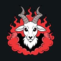 Goat with horns and red smoke on a dark background. Halloween. Baphomet demon goat god. Lucifer. belzebu. Devil with horns. Red fire and smoke in hell. vector