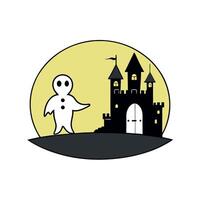 Ghost walking to haunted castle ruins under full moon creating a chilling Halloween scene. silhouette concept vector