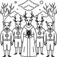Group of deer head cult creature at haunted foggy forest background. technology. vector
