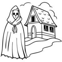 Frightening ghost in a cloak with a hood against the backdrop of a lonely ruined house in the fog. Abandoned haunted house scene as concept for spooky Halloween. Illustration for design. vector