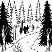 Gloomy forest with scary trees.Pathway through the dark mystery spruce forest. Group of people are walking through. High quality illustration. vector