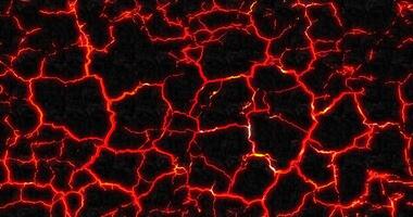 Lava flowing under parched ground. Glow of faded flame with sparks and intense heat on cracked surface. Seamless loop video