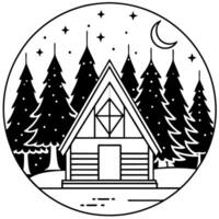Forest cabin in the dark forest at night. vector