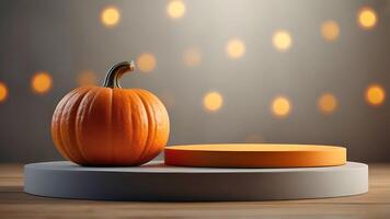Orange round podium with pumpkin on bokeh light background. 3d rendering illustration with copy space for mockup, display, showcase, backdrop, product placement photo
