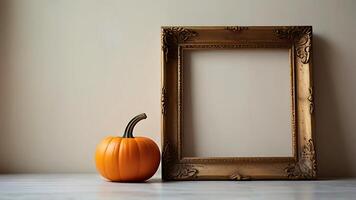 Pumpkin and empty photo bronze metal frame mockup on white wooden table. Autumn composition background with copy space