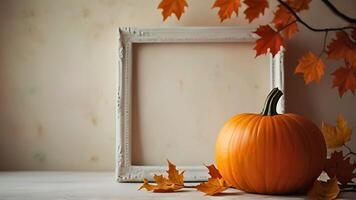 Autumn still life background with pumpkins, vintage white photo frame and maple leaves. 3d rendering mockup with copy space