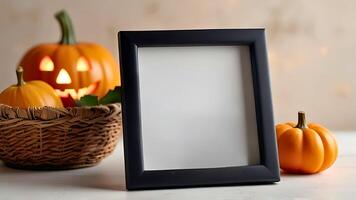 Blank photo frame mockup with Halloween pumpkins on off white wooden table. 3d rendering with copy space, selective focus