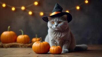 Chunky grey cat in black witch hat posing with pumpkins on wooden floor. Selective focus, bokeh in the background with copy space. Happy Halloween concept photo