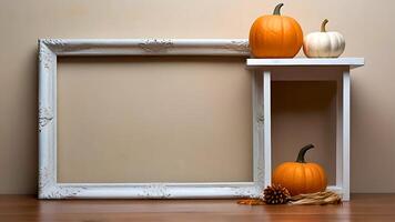 Autumn composition background with Halloween pumpkins and photo frame on wooden floor. 3d rendering mockup with copy space