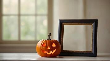 Halloween jack o lantern pumpkin with blank photo frame mockup on white wooden table and beautiful light form the window, selective focus