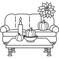 Classic living room with sofa and table setting decorated with pumpkins and flowers for thanksgiving day. AI vector
