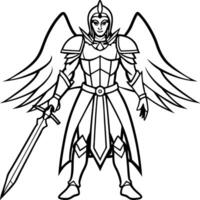 Dark warrior angel with medieval sword. fantasy background. digital ai art. vector