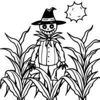 Animated spooky scarecrow in a corn field on halloween night. atmospheric chilling background. ai vector