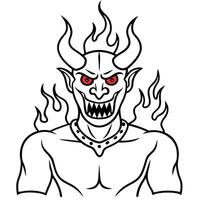 Flaming demon. Devil in the flames of fire. Fiery monster. Scary Fantasy monster. Terrible Fire Demon from hell. Red glowing eyes. Lord of Hell. Satan. vector