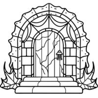 Entrance to dungeons and hell. A large open wooden door is shrouded in mist and cobwebs. vector