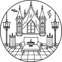 An inside look at the vampire castle from Victorian times as well as the living room with table and chairs decor from Transylvania. 3D illustration and Halloween theme and horror background. vector