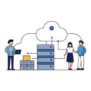 Dark slate blue Flat illustration business technology storage and cloud connect concept with administrator and developer team working vector