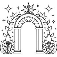 Enchanted forest gateway with mystical flowers and lighting. Fantasy world exploration. vector
