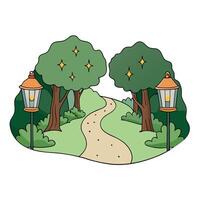 Enchanting forest path with glowing lanterns and fireflies. Magical nature scene. vector