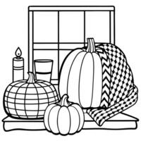 Close up of a cozy autumn composition with candles mini pumpkins and a warm knitted plaid on a wooden windowsill creating a dark and low key atmosphere in a cozy home Fall colors add to the vector
