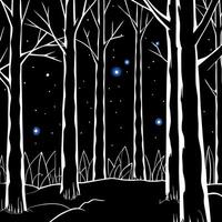 Dark woods halloween background forest at night with blue moonlight shining through the trees and tiny amber fireflies. vector