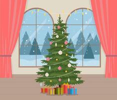 room with big windows and winter landscape, Christmas tree. Beautiful Christmas background. Element of New Year poster, card, decorative element. vector