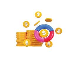 Pie chart diagram and dollar coin stack icon 3d render concept of business icon vector