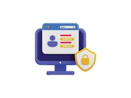 Secure login page with password form on computer and padlock with protect shield icon 3d render vector