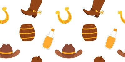 Seamless pattern Wild West elements, cowboy hats, boots with spurs, barrels, whiskey bottles, and golden horseshoes. vector