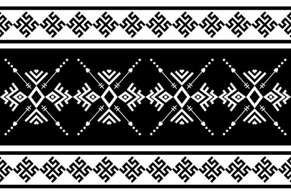 Black Aztec tribal culture seamless pattern background and fabric.