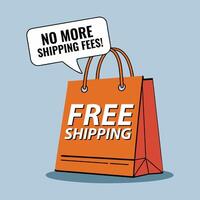 Free Shipping message on a orange shopping bag and a text box on the top where written No More Shipping Fees. vector