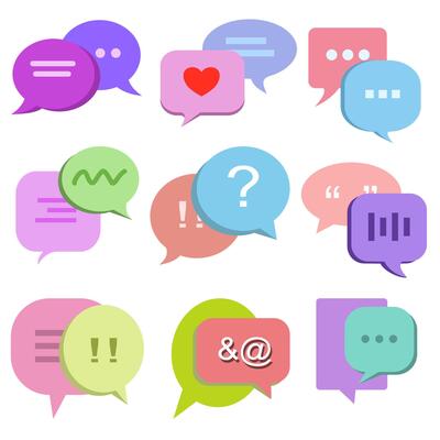Speech bubble, chat balloon, talk messaging, text communication online. Concept of discussion dialogue, thought bubble icon label conversation comic cartoon style.
