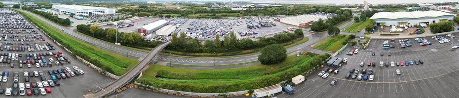 Aerial Ultra Wide Angle Panoramic View of Sea Port and Docks at Avonmouth Bristol City of England United Kingdom During Cloudy Day of August 24th, 2024 photo