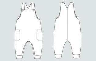 Hand Drawing dungaree bodysuit Front and back with side pocket vector
