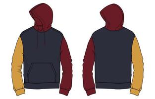 Hoodie front and back with red and yellow color sleeve and hood isolated on white background vector
