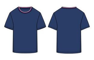 Blue color t shirt front and back with white and red color stripes on neck isolated on white background vector