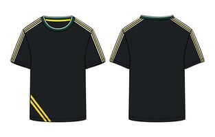 Short sleeve black color t shirt front and back views with yellow stripes sleeve and front vector