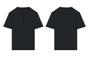 Short sleeve black color t shirt template with round neck and button front and back views isolated on white background. vector