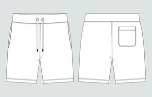 Sweat shorts pant side and back pocket technical drawing fashion flat sketch template front and back views. vector