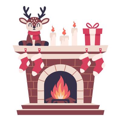 Christmas cozy fireplace front view, illustration isolated on white background