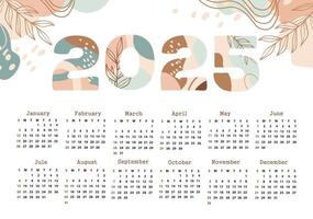 Calendar 2025 starting from Sunday. Various shapes and doodle objects. Modern art. Minimalist shapes. Geometric trendy illustrations. vector
