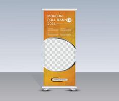 Modern roll up banner stand with orange and white background vector